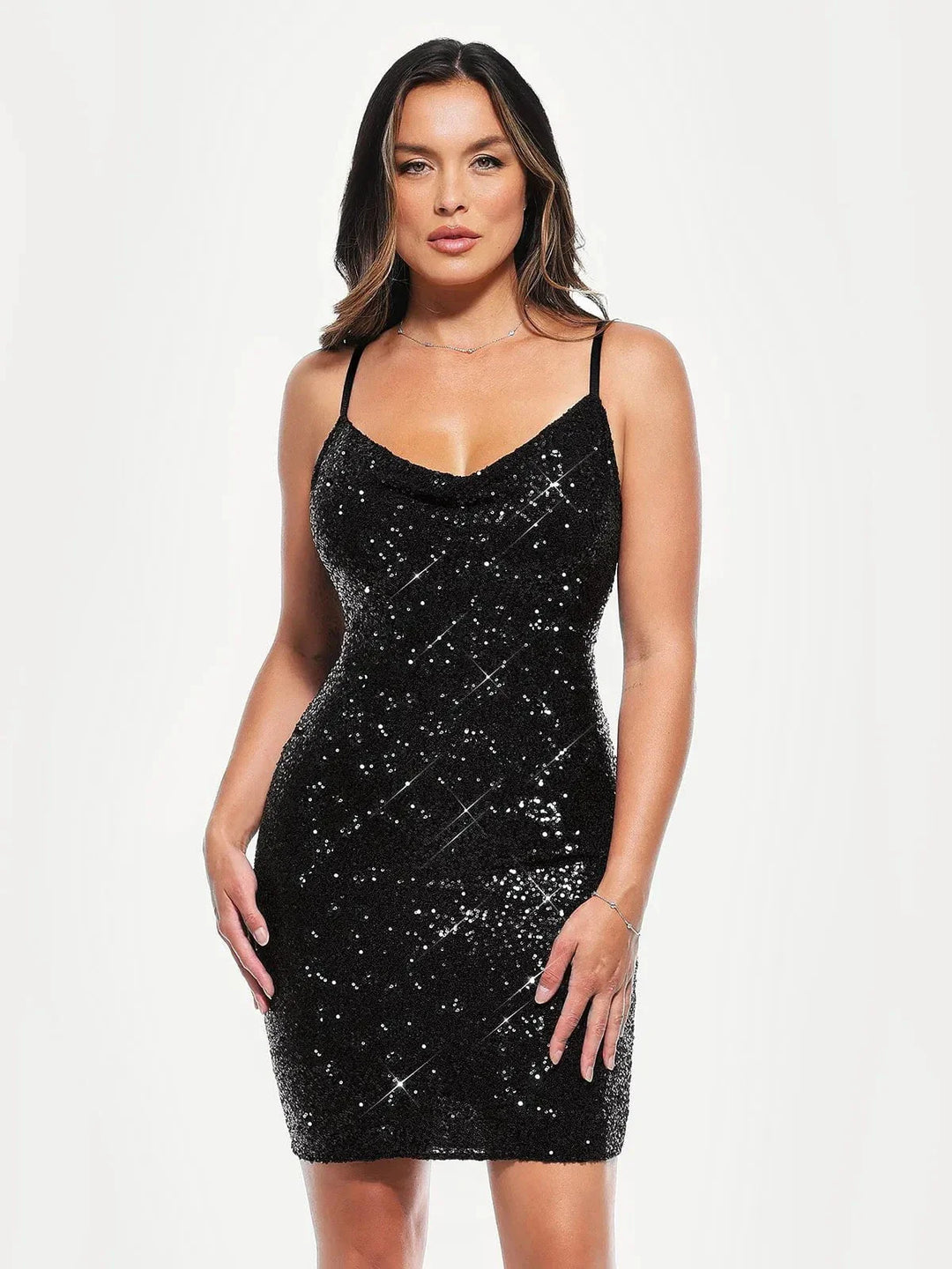 Sequin Cowl Neck Sculpting Mini Dress - Modefluss