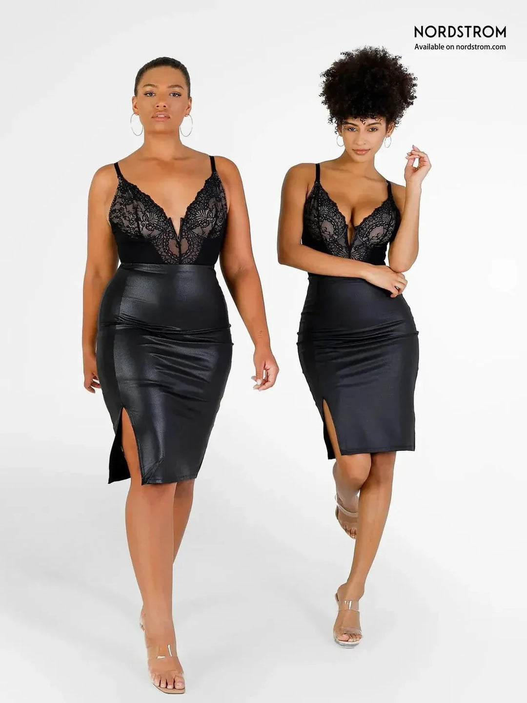 Deep-V Neck Lace Shapewear Bodysuit Leather Midi Skirt Set - Modefluss