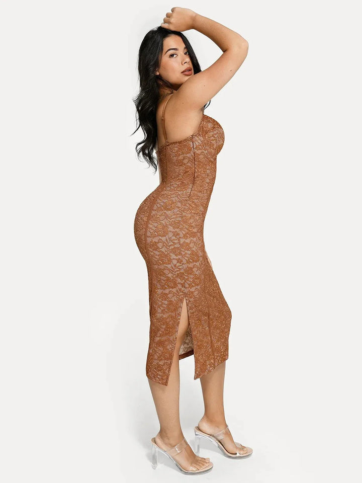 Shapewear All-Lace Hourglass Corset Side Slit Midi Dress - Modefluss