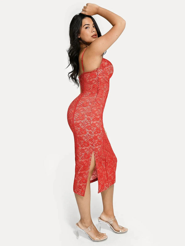 Shapewear All-Lace Hourglass Corset Side Slit Midi Dress - Modefluss