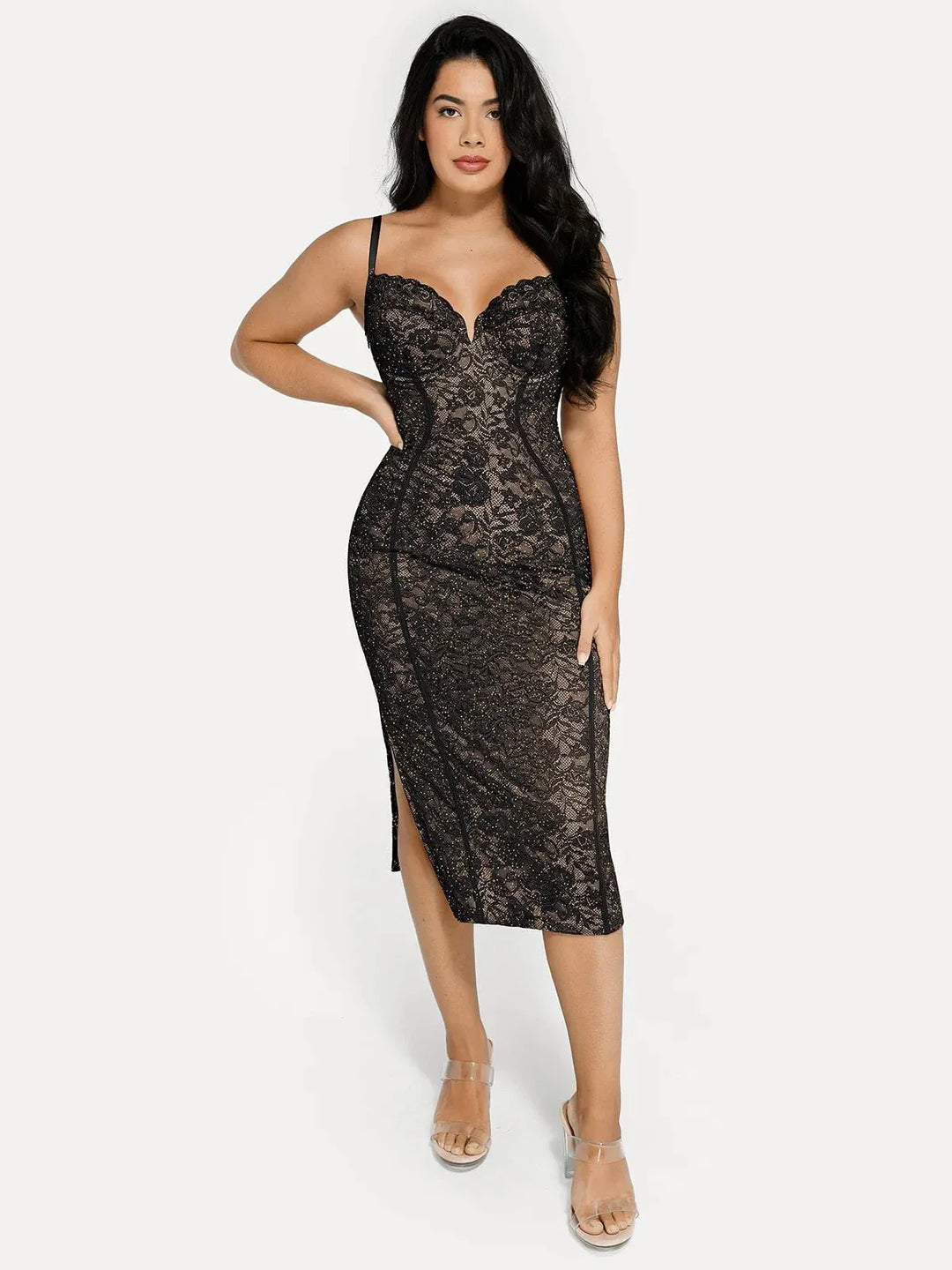 Shapewear All-Lace Hourglass Corset Side Slit Midi Dress - Modefluss
