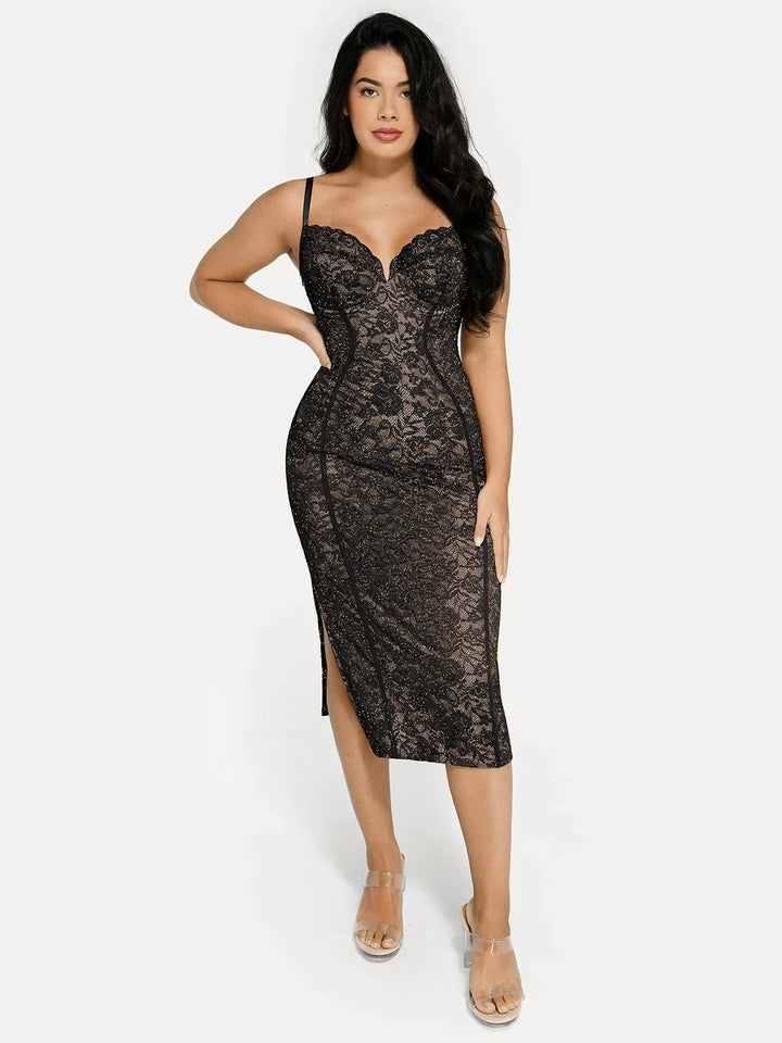Shapewear All-Lace Hourglass Corset Side Slit Midi Dress - Modefluss