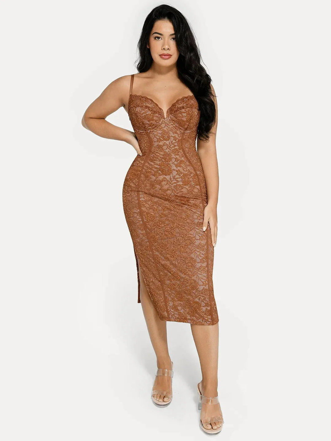 Shapewear All-Lace Hourglass Corset Side Slit Midi Dress - Modefluss
