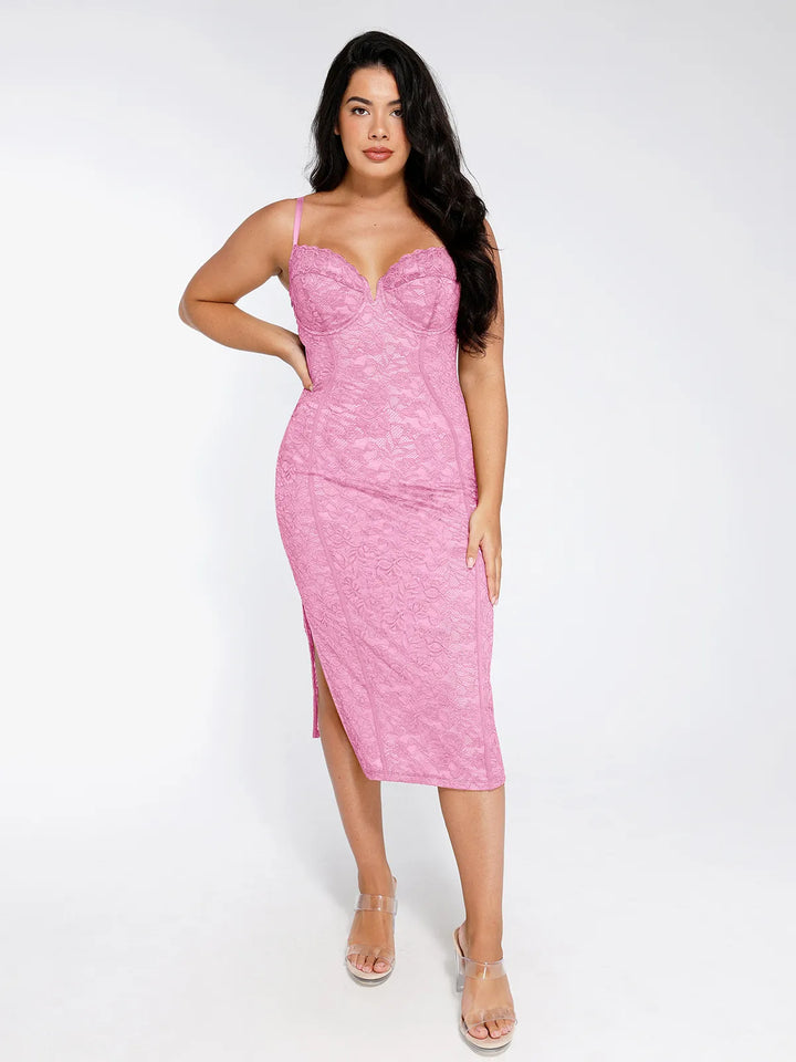 Shapewear All-Lace Hourglass Corset Side Slit Midi Dress - Modefluss