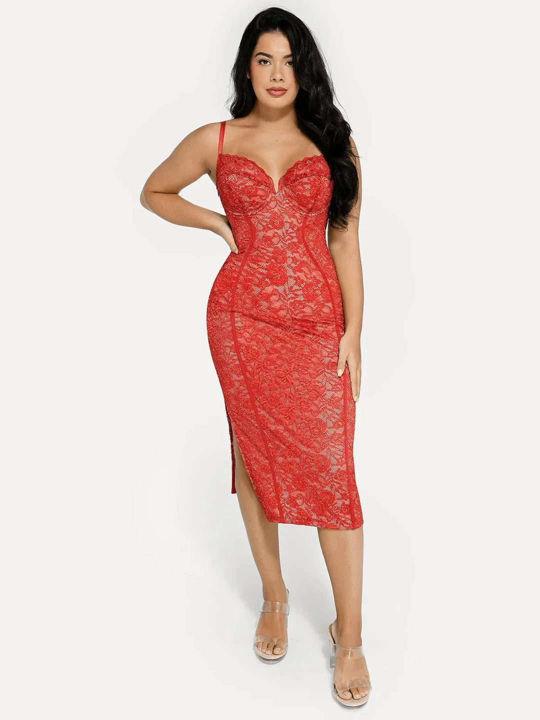 Shapewear All-Lace Hourglass Corset Side Slit Midi Dress - Modefluss