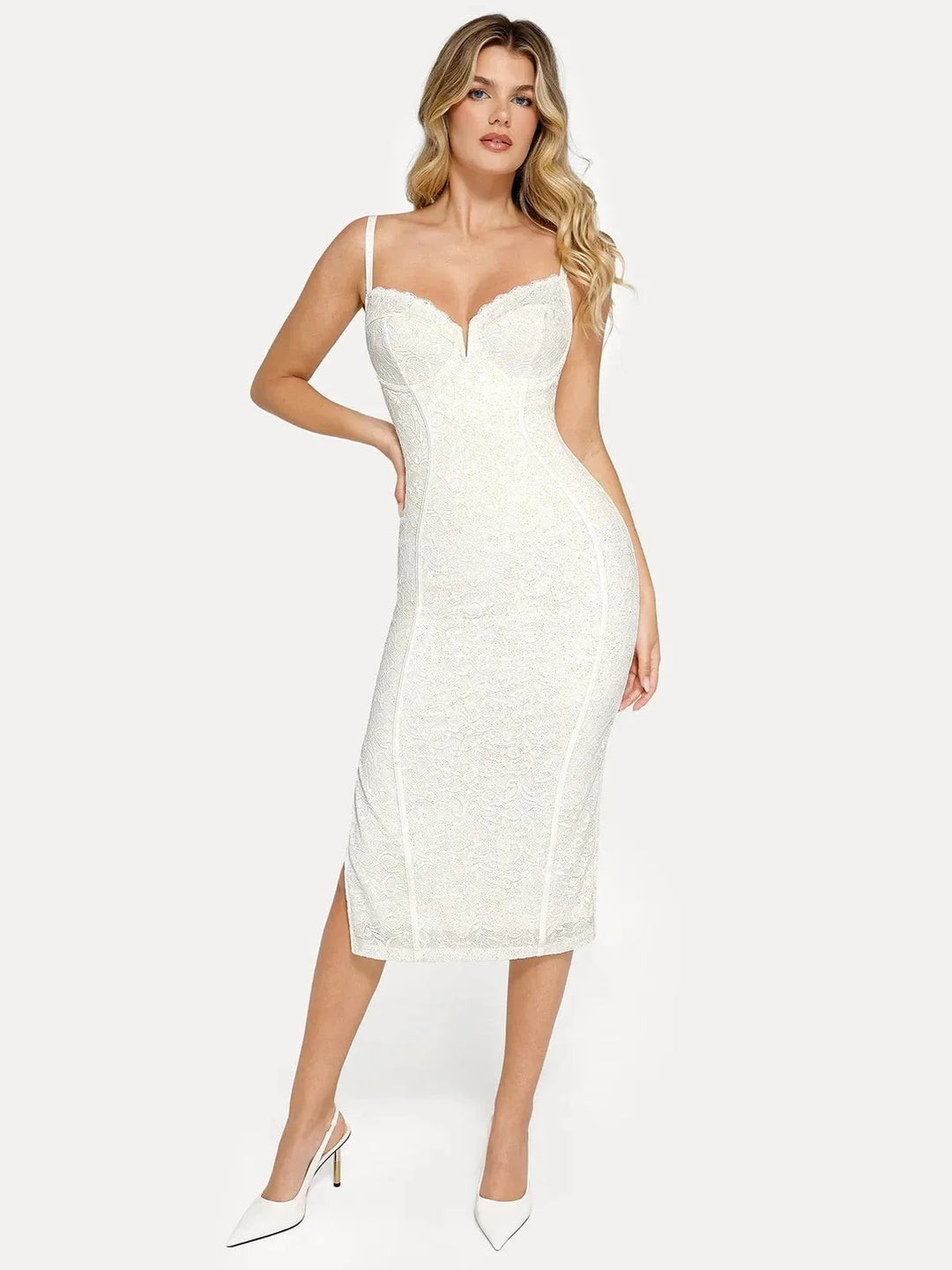Shapewear All-Lace Hourglass Corset Side Slit Midi Dress - Modefluss