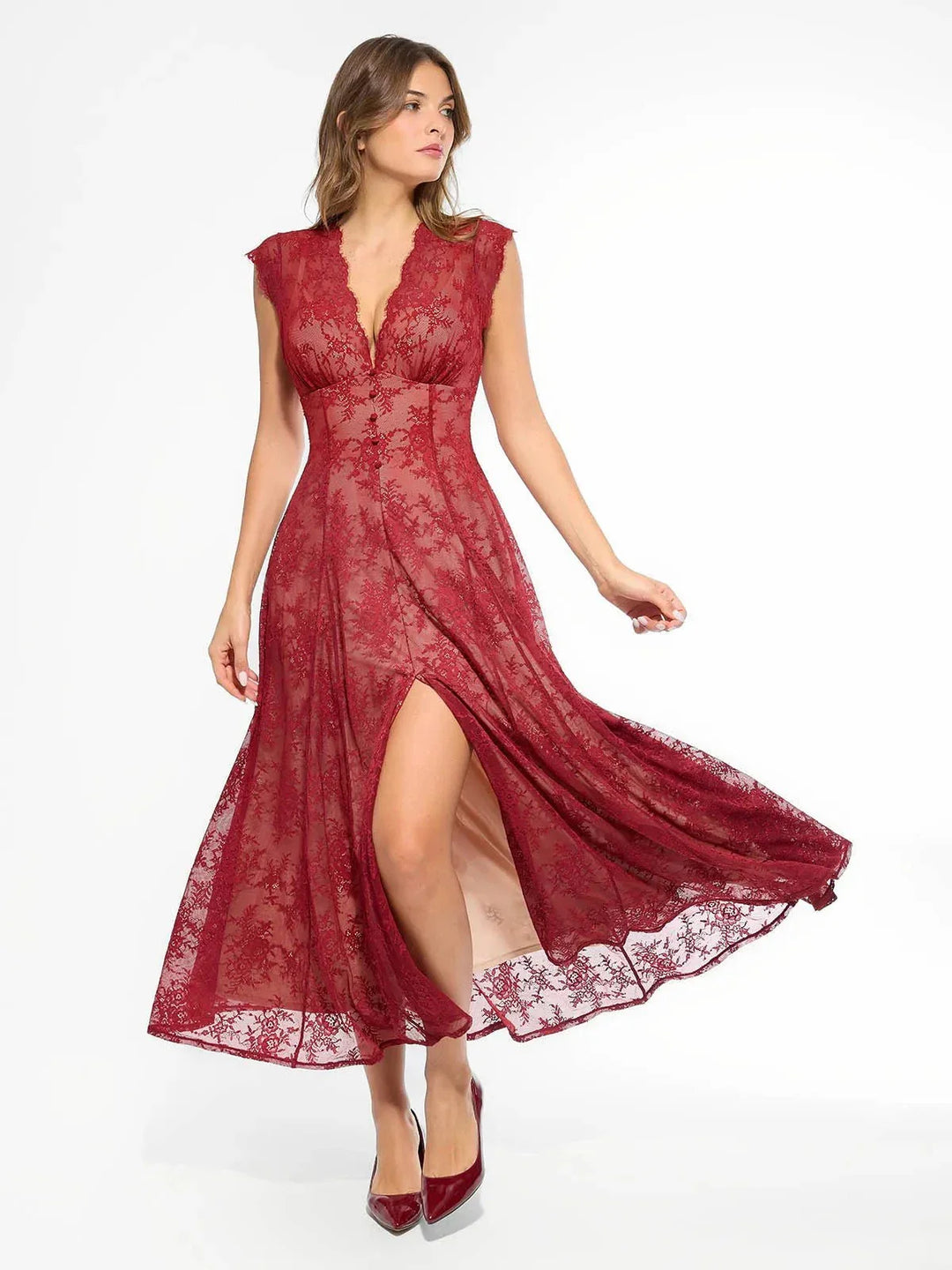 Shapewear Boho Floral Lace Front Slit Maxi Dress - Modefluss