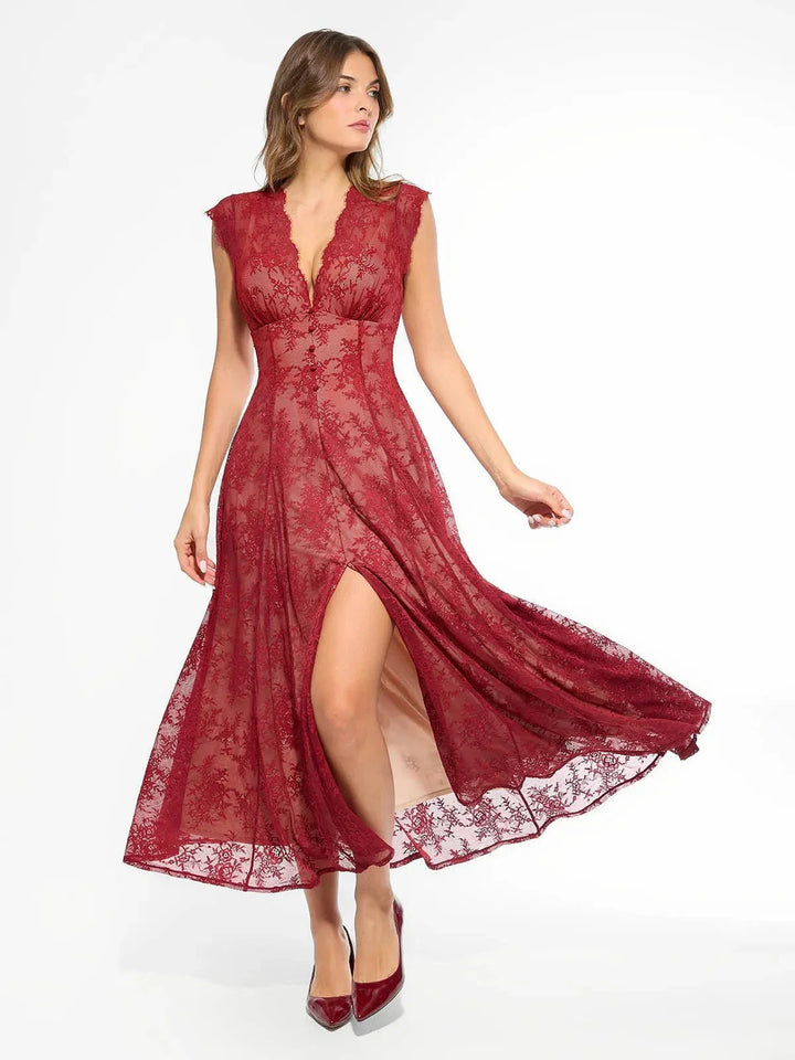 Shapewear Boho Floral Lace Front Slit Maxi Dress - Modefluss