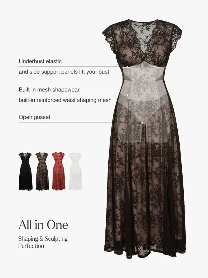 Shapewear Boho Floral Lace Front Slit Maxi Dress - Modefluss