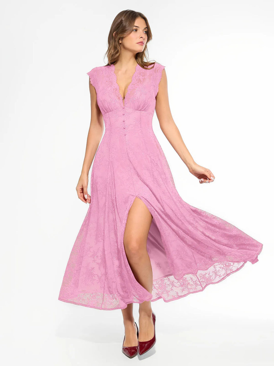 Shapewear Boho Floral Lace Front Slit Maxi Dress - Modefluss