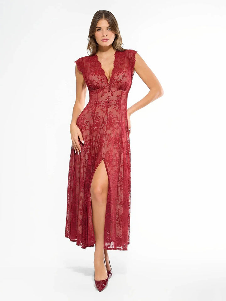 Shapewear Boho Floral Lace Front Slit Maxi Dress - Modefluss