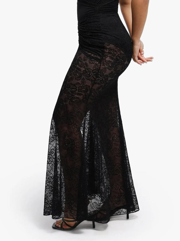 Shapewear Cap Sleeve Bodysuit Lace Fishtail Coverup Skirt Set