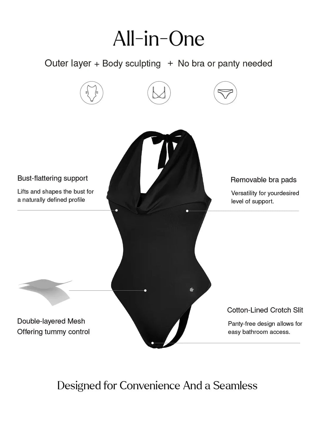 Shapewear Cowl Neck Halter Tummy Control Bodysuit - Modefluss