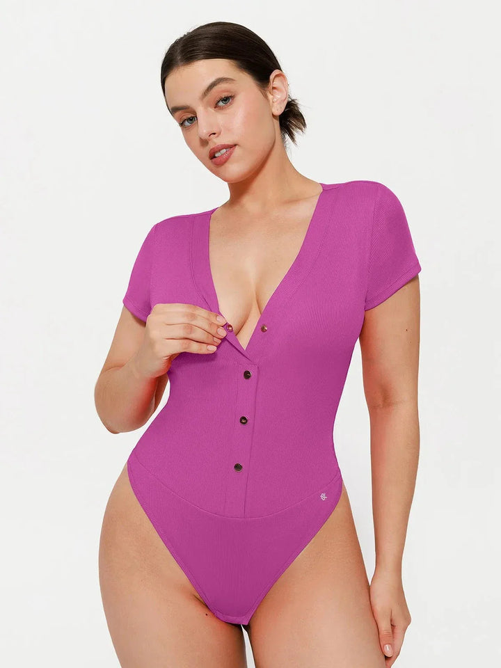 Shapewear Deep V-Neck Button Front Sculpting Bodysuit - Modefluss
