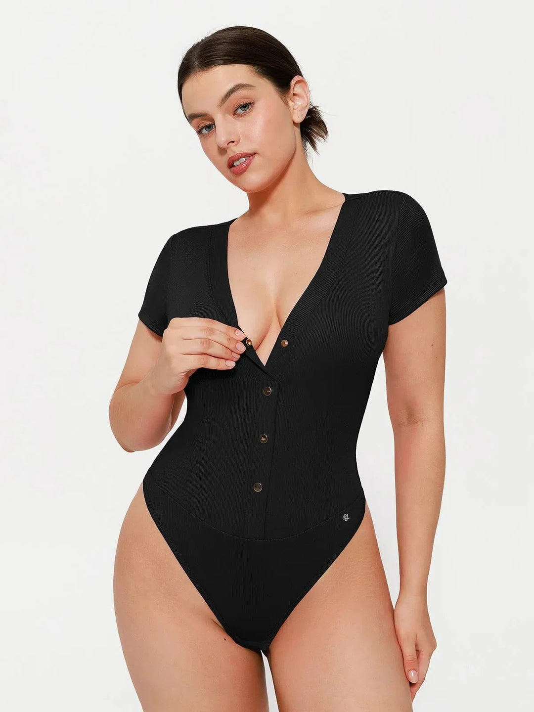 Shapewear Deep V-Neck Button Front Sculpting Bodysuit - Modefluss