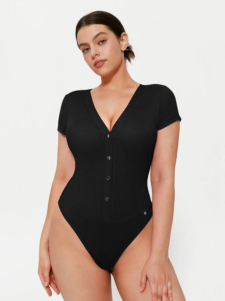 Shapewear Deep V-Neck Button Front Sculpting Bodysuit - Modefluss