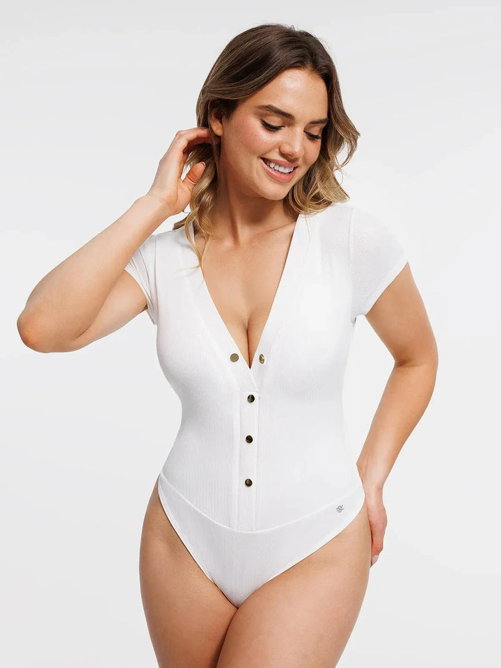 Shapewear Deep V-Neck Button Front Sculpting Bodysuit - Modefluss