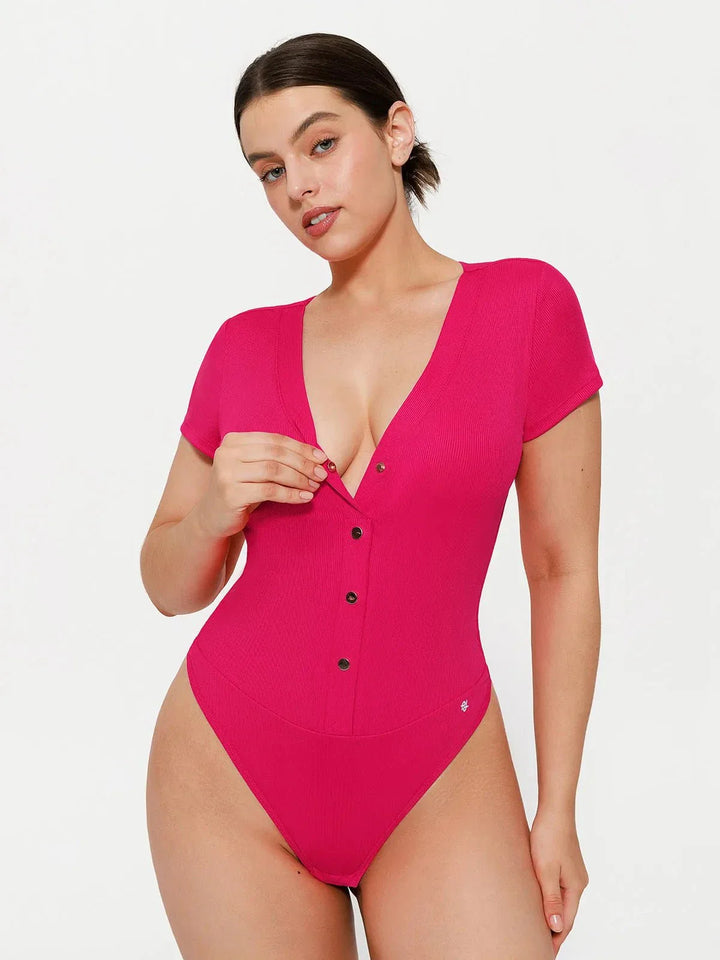 Shapewear Deep V-Neck Button Front Sculpting Bodysuit - Modefluss
