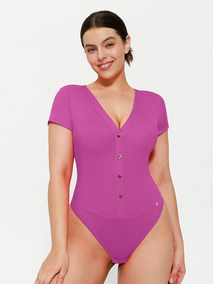 Shapewear Deep V-Neck Button Front Sculpting Bodysuit - Modefluss