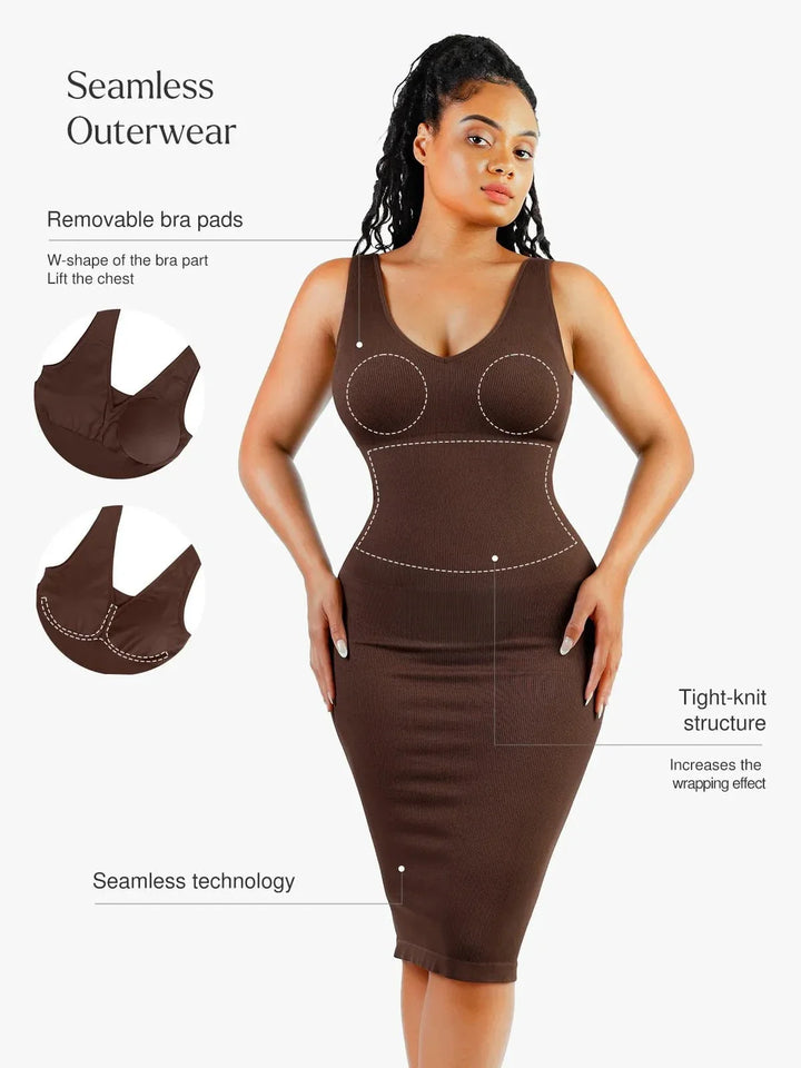 Shapewear Deep V-Neck Tummy Control Midi Dress - Modefluss