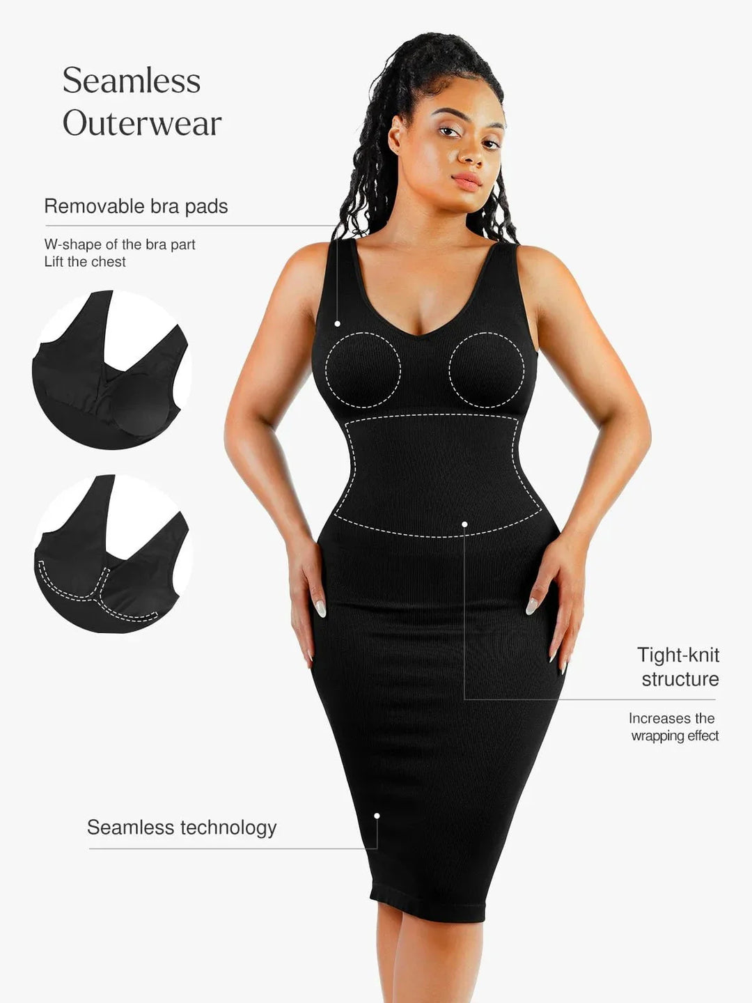 Shapewear Deep V-Neck Tummy Control Midi Dress - Modefluss