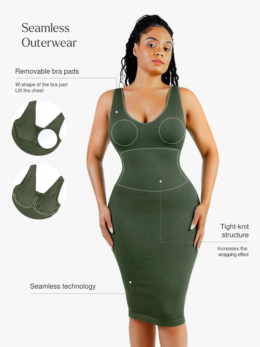 Shapewear Deep V-Neck Tummy Control Midi Dress - Modefluss