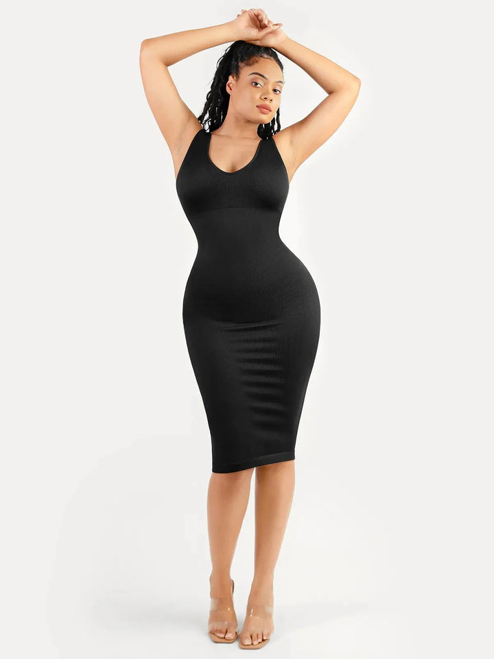 Shapewear Deep V-Neck Tummy Control Midi Dress - Modefluss
