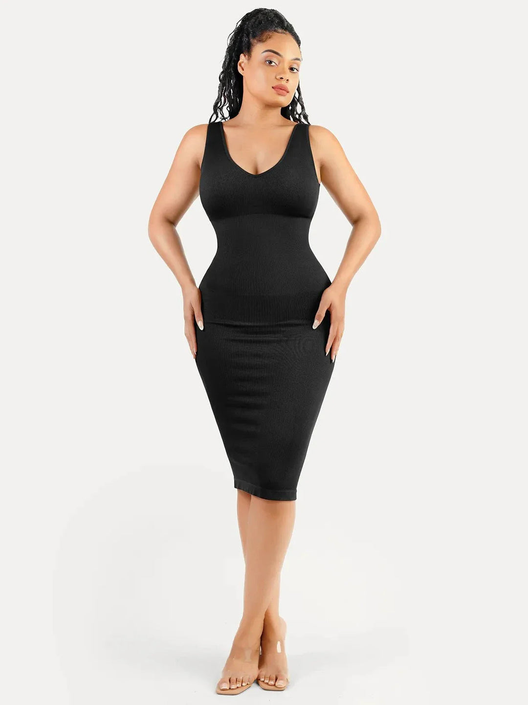 Shapewear Deep V-Neck Tummy Control Midi Dress - Modefluss