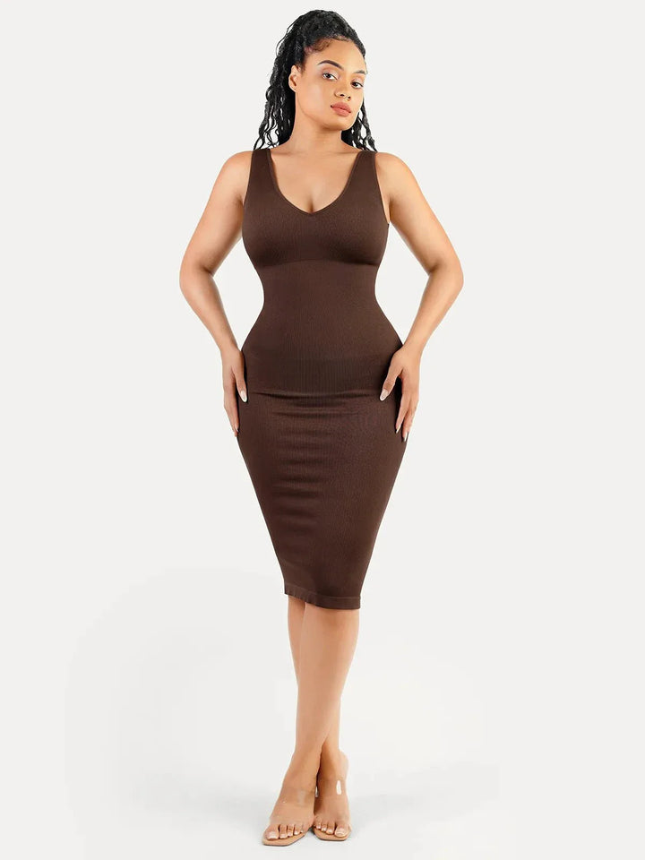 Shapewear Deep V-Neck Tummy Control Midi Dress - Modefluss