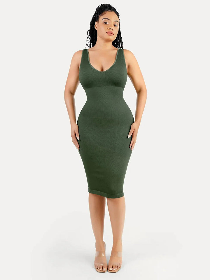 Shapewear Deep V-Neck Tummy Control Midi Dress - Modefluss