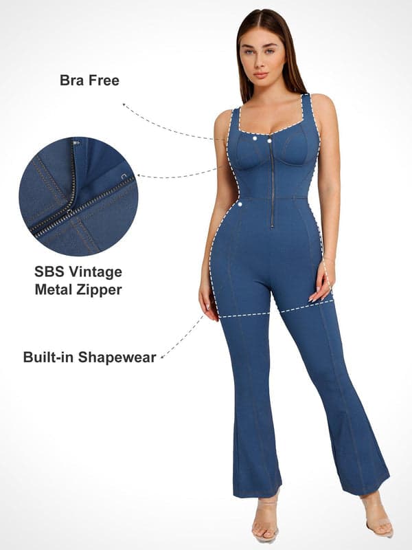 Shapewear Denim Short Sleeve Zip Front Butt Lift Jumpsuit - Modefluss