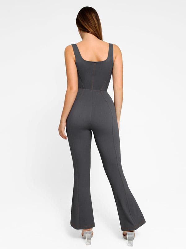 Shapewear Denim Short Sleeve Zip Front Butt Lift Jumpsuit - Modefluss