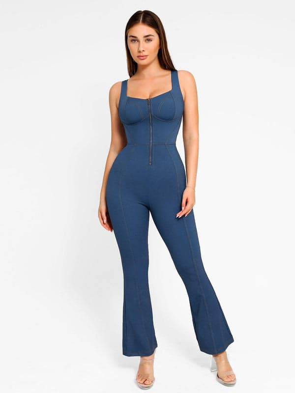 Shapewear Denim Short Sleeve Zip Front Butt Lift Jumpsuit - Modefluss