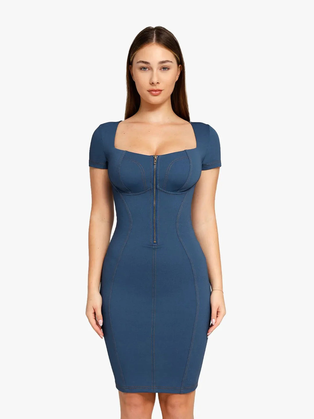 Shapewear Denim Square Neck Tummy Control Midi Dress - Modefluss