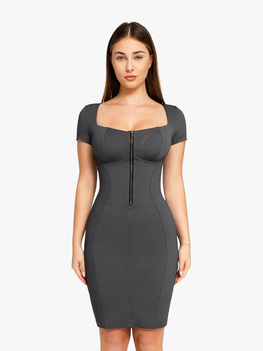 Shapewear Denim Square Neck Tummy Control Midi Dress - Modefluss