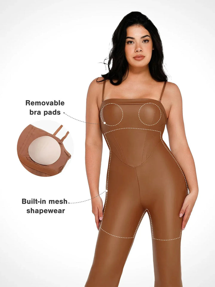 Shapewear Faux Leather Corset Bodice Slimming Jumpsuit - Modefluss
