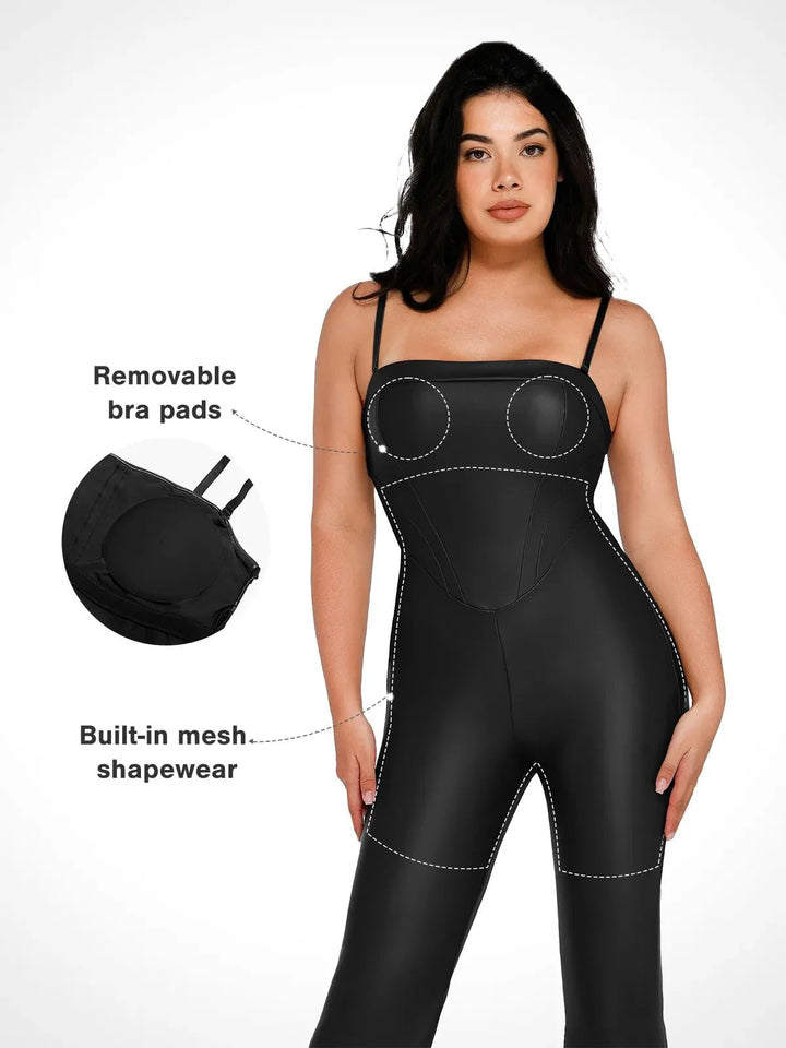 Shapewear Faux Leather Corset Bodice Slimming Jumpsuit - Modefluss