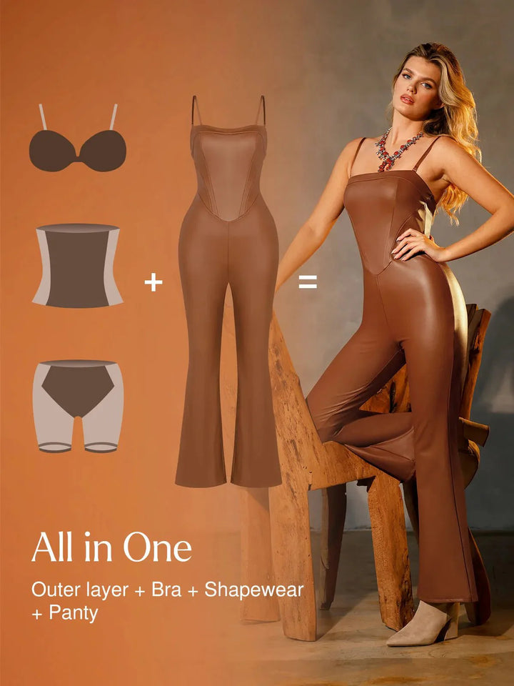 Shapewear Faux Leather Corset Bodice Slimming Jumpsuit - Modefluss