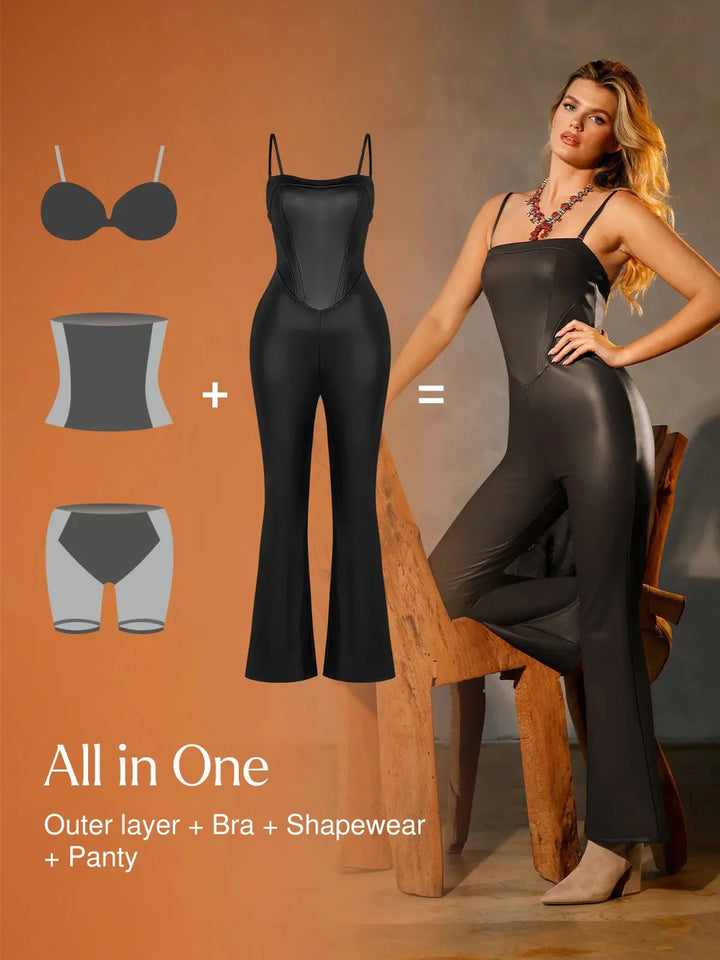 Shapewear Faux Leather Corset Bodice Slimming Jumpsuit - Modefluss