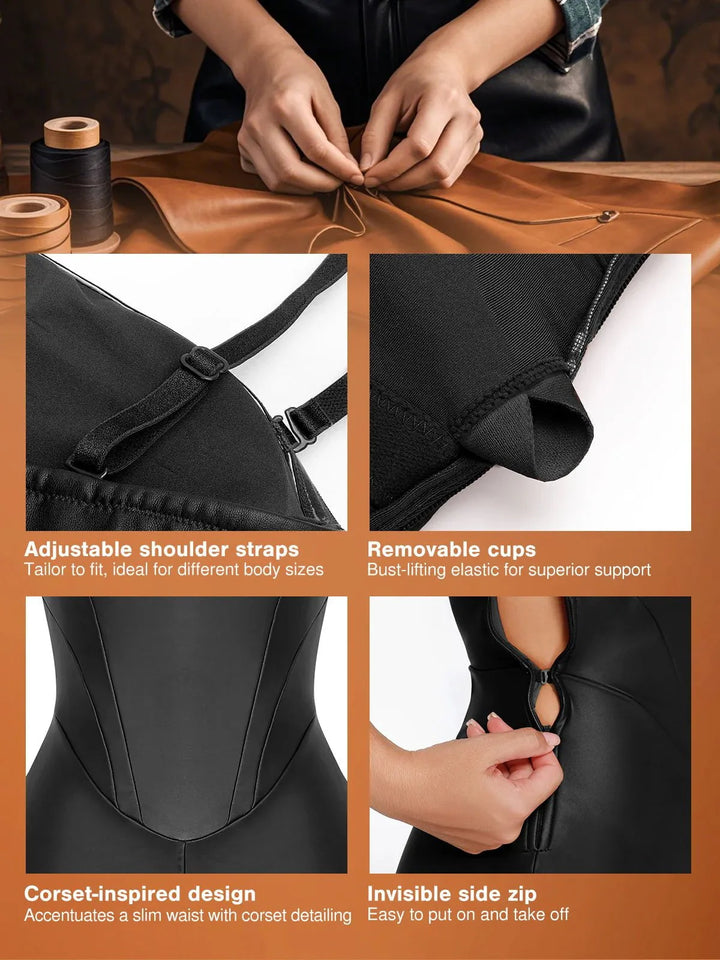 Shapewear Faux Leather Corset Bodice Slimming Jumpsuit - Modefluss