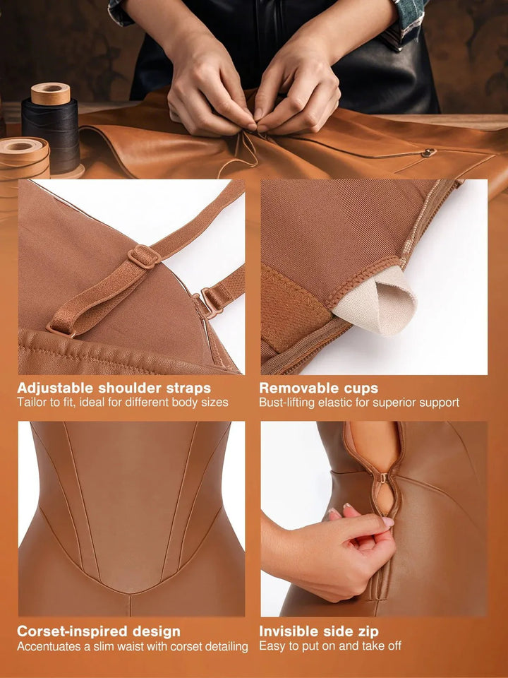 Shapewear Faux Leather Corset Bodice Slimming Jumpsuit - Modefluss
