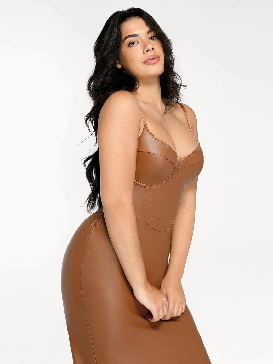 Shapewear Faux Leather Hourglass Corset Midi Dress - Modefluss