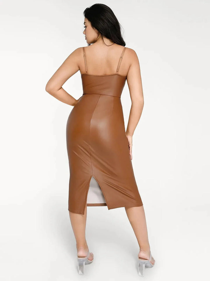Shapewear Faux Leather Hourglass Corset Midi Dress - Modefluss