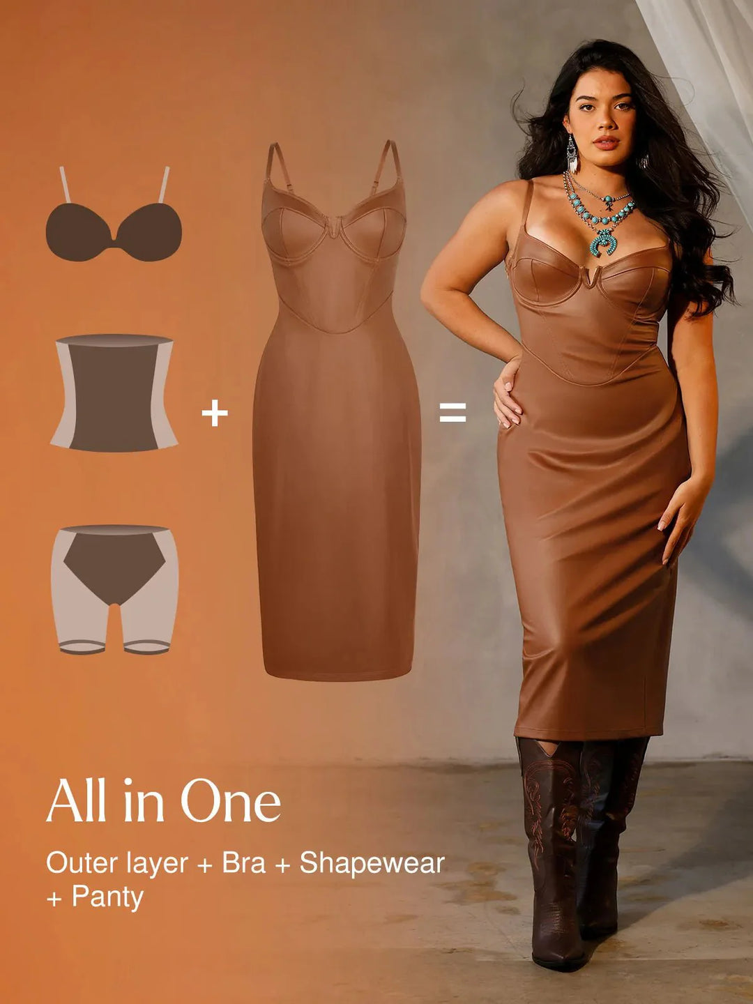 Shapewear Faux Leather Hourglass Corset Midi Dress - Modefluss