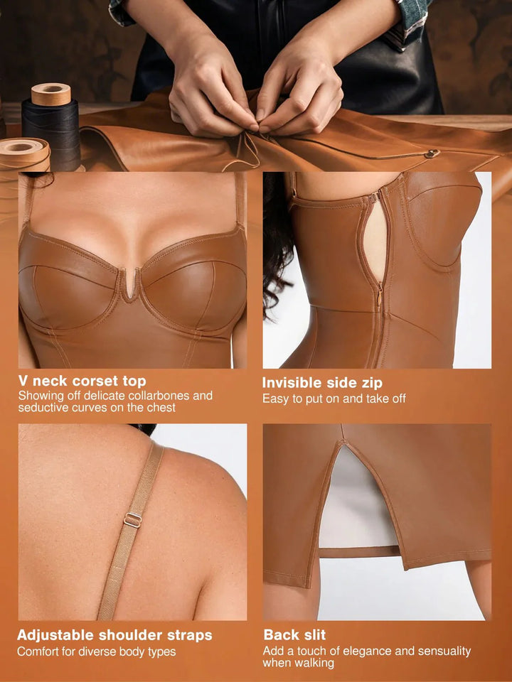 Shapewear Faux Leather Hourglass Corset Midi Dress - Modefluss