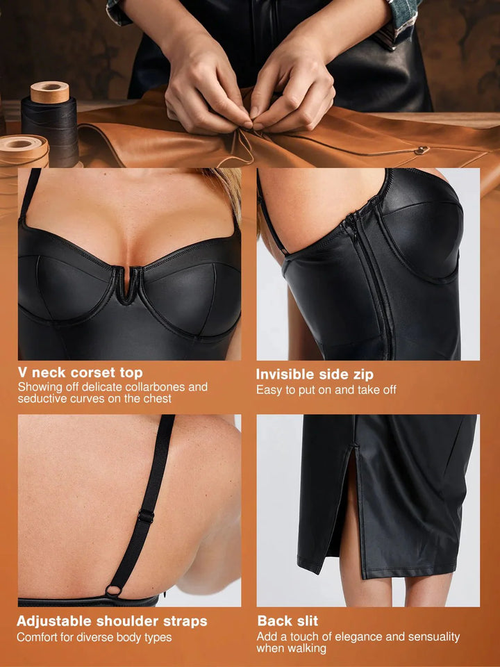 Shapewear Faux Leather Hourglass Corset Midi Dress - Modefluss