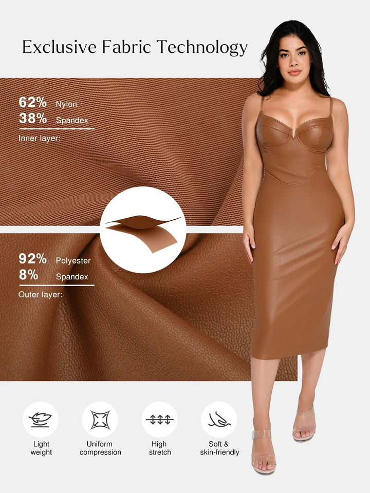 Shapewear Faux Leather Hourglass Corset Midi Dress - Modefluss