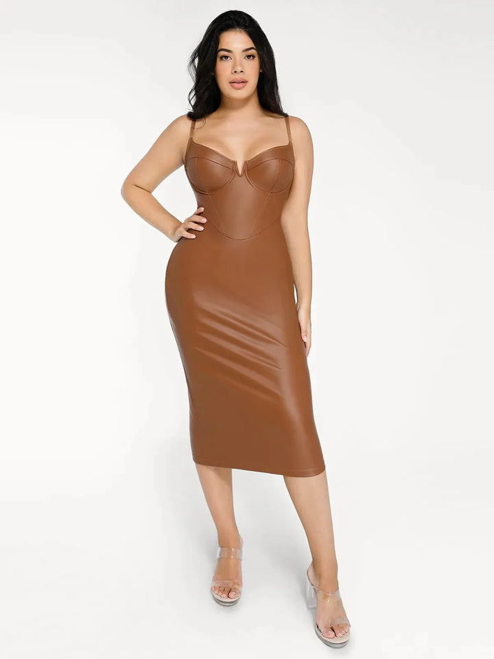 Shapewear Faux Leather Hourglass Corset Midi Dress - Modefluss