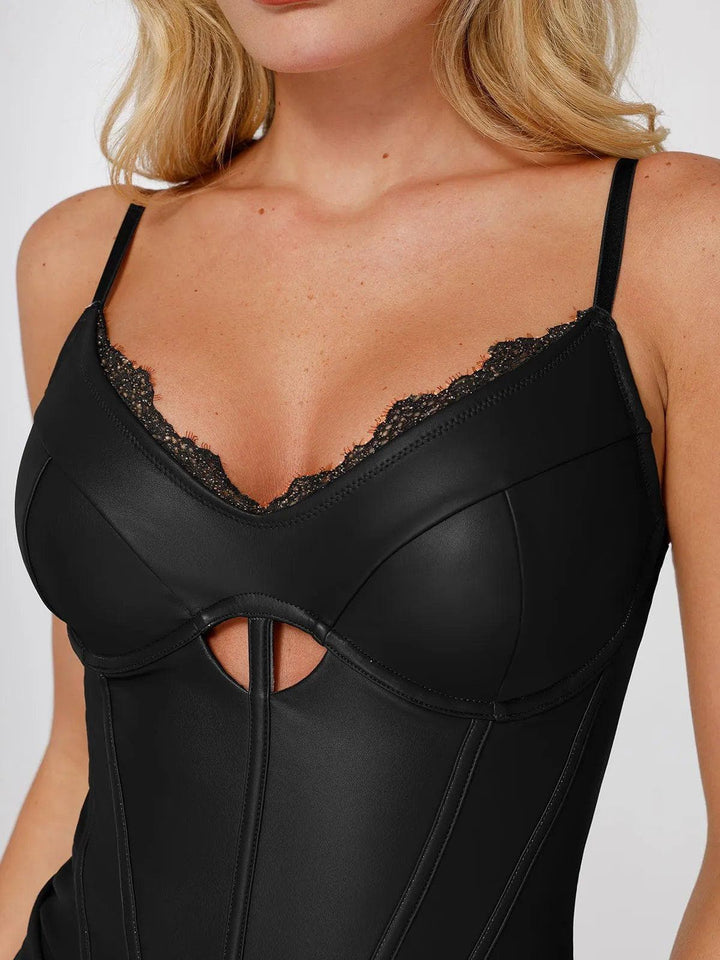Shapewear Faux Leather Hourglass Cutout Corset Bodysuit Butt Lifting Skirt Set