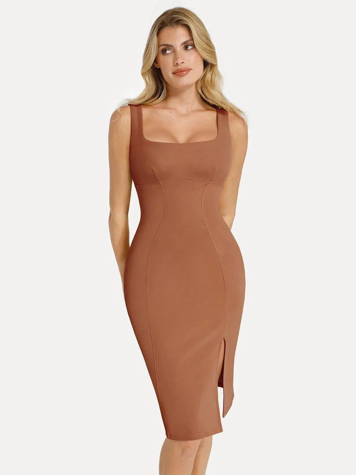 Shapewear Faux Nubuck Bodycon Sculpting Slit Midi Dress - Modefluss